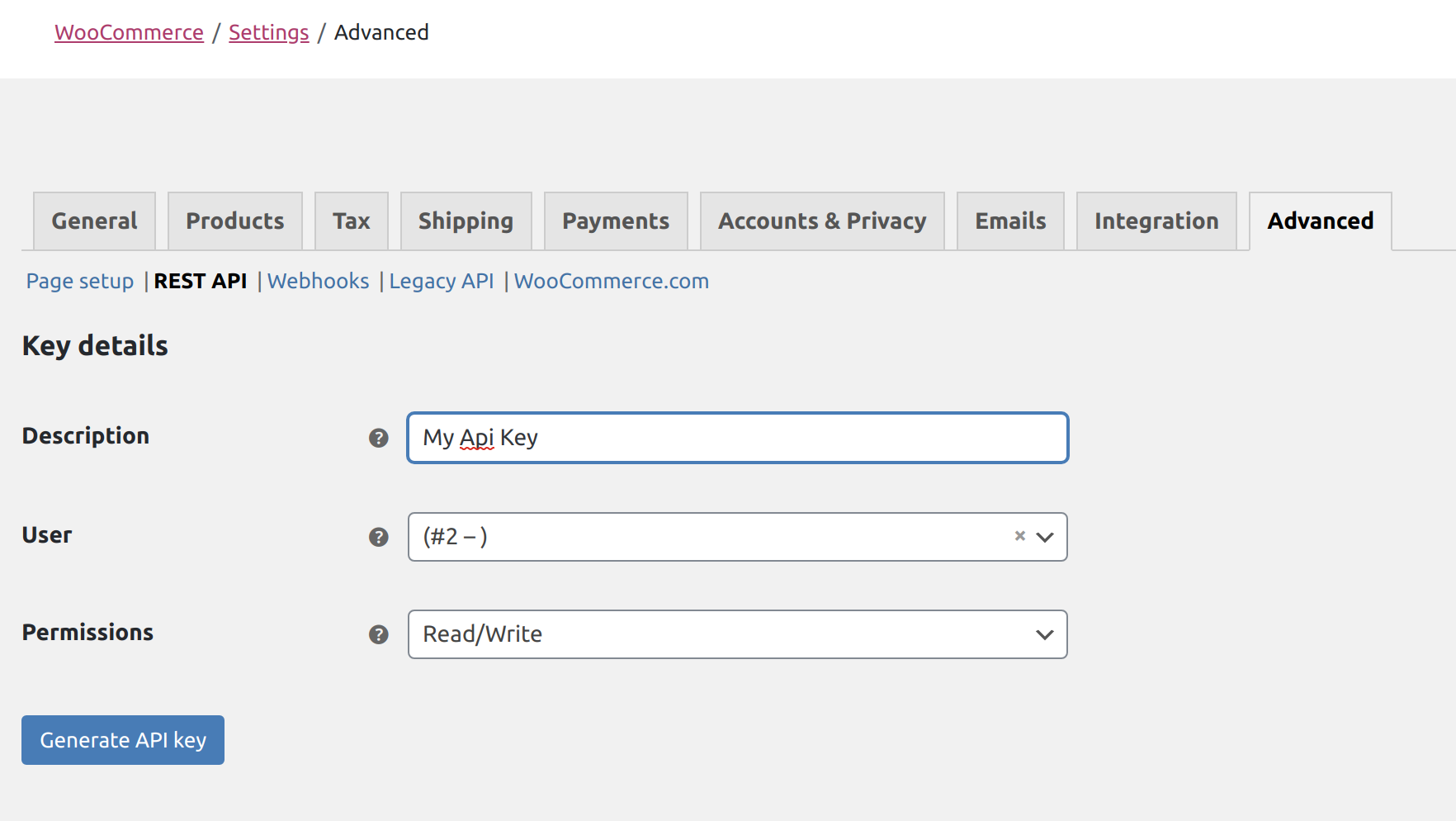 WooCommerce Generate API Key WooCommerce Generate API Key